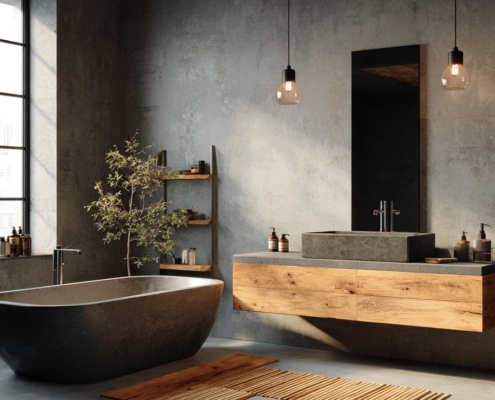 bad mit beton und holz elementen