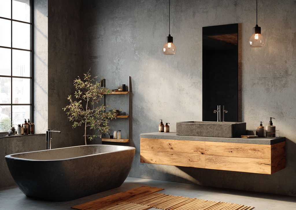 bad mit beton und holz elementen