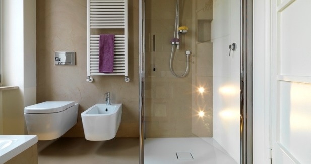 modernes bad in beige und weiss