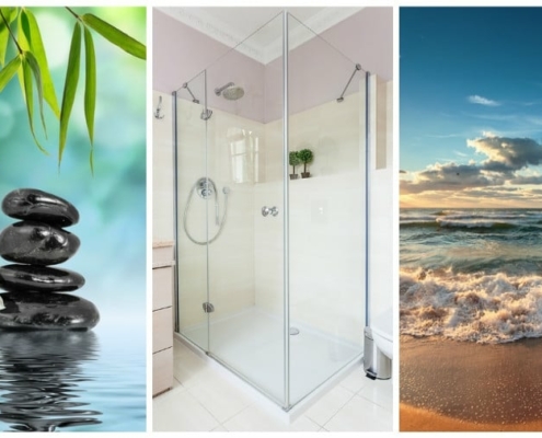 Glasdusche mit Wellness- und Ozean-Motiv