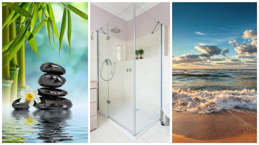 Glasdusche mit Wellness- und Ozean-Motiv