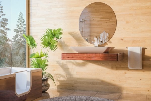 Feng-Shui-Badezimmer mit Holzelementen und Pflanze.