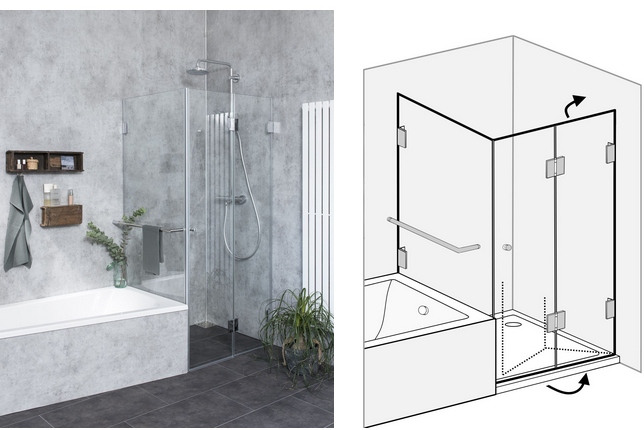 falttuer dusche neben badewanne mit handtuchstange