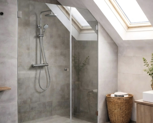 Duschkabine unter einer Dachschräge