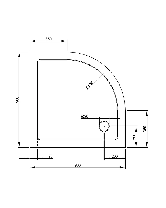 Viertelkreis Duschwanne 90x90cm flach auch bodengleich