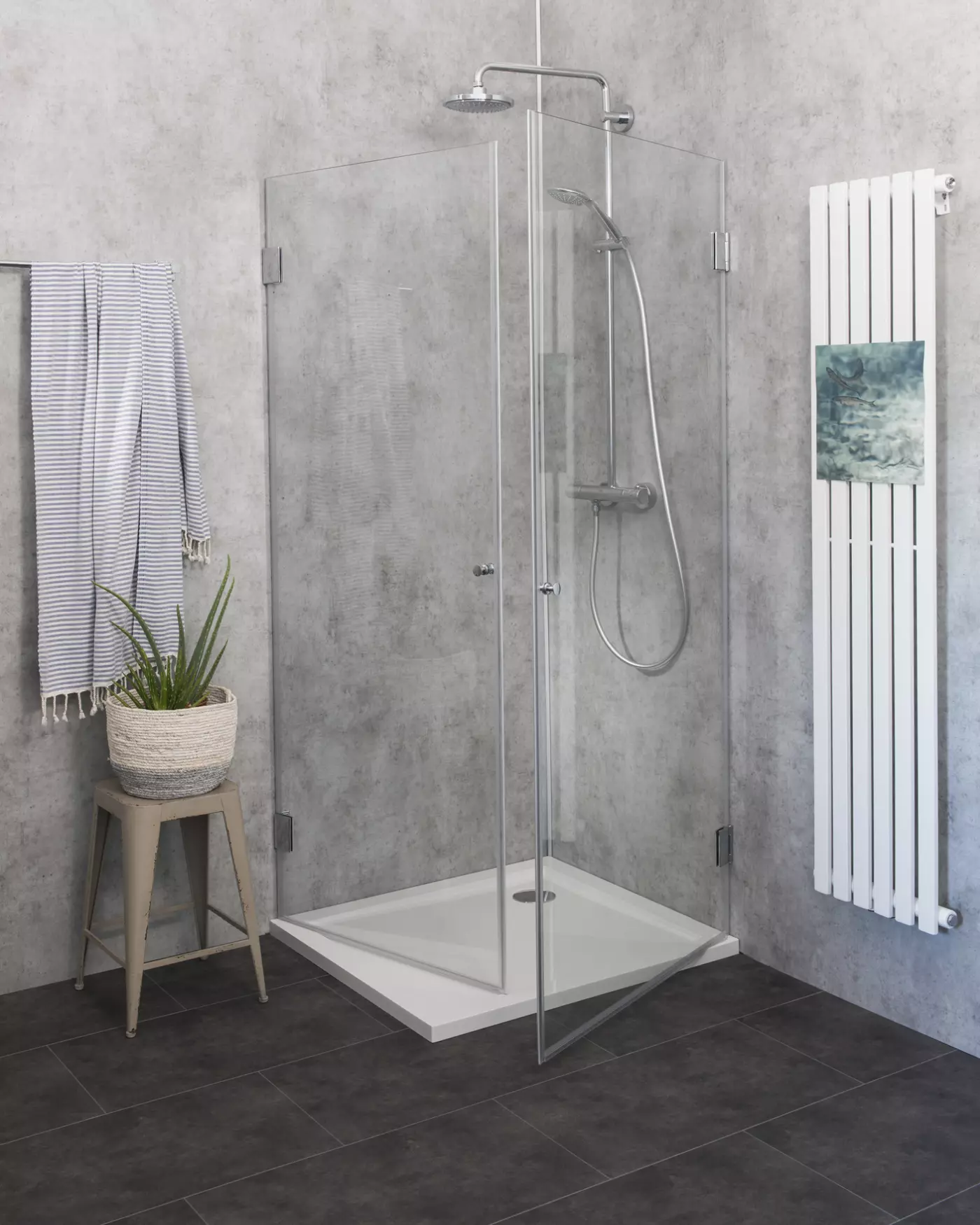 Eckdusche 75x75 mit 2 Türen an Wand H=173cm & Duschwanne