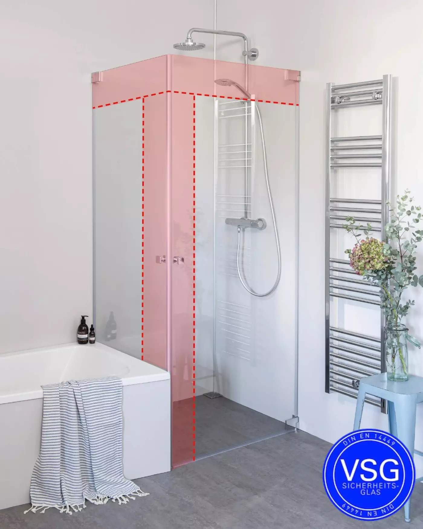 VSG Eck Duschkabine neben Badewanne mit 2 Pendeltüren an Wand nach Maß