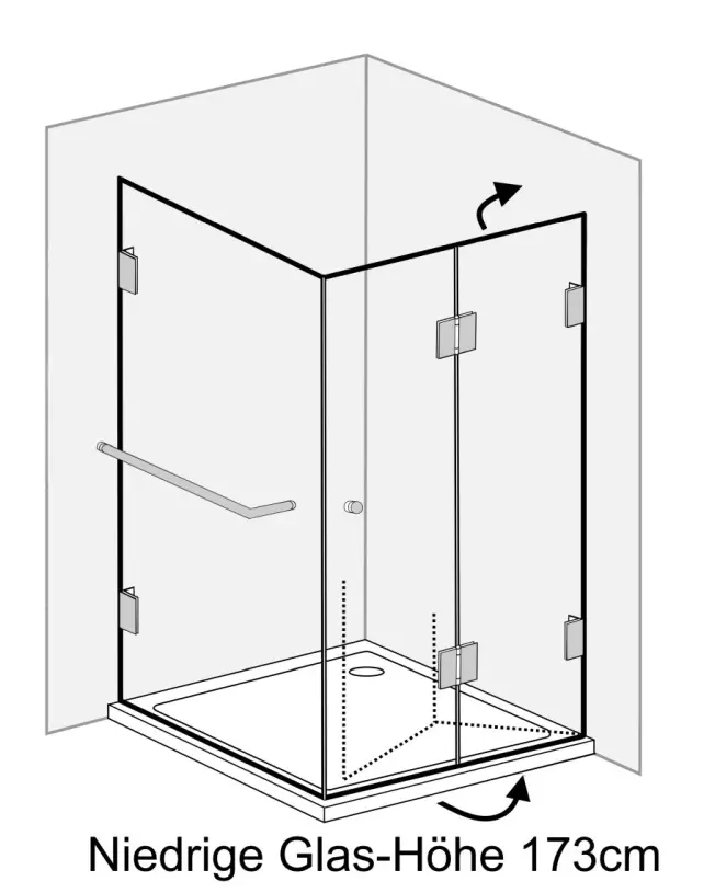 Eckdusche 100x80 Falttür + Festwand Höhe 173cm mit Duschwanne