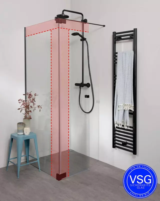 Begehbare Dusche VSG: Duschwand mit Wandprofil & Klappteil über Eck nach Maß