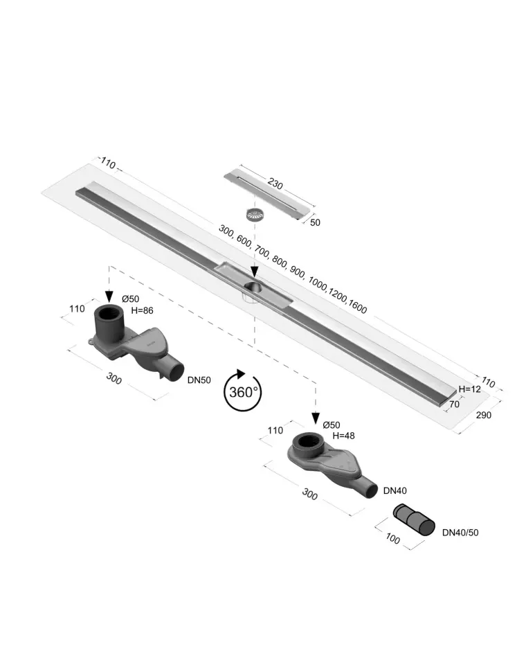 Duschprofil Duschrinne flach, drehbarer Mittenablauf, Länge 100 cm