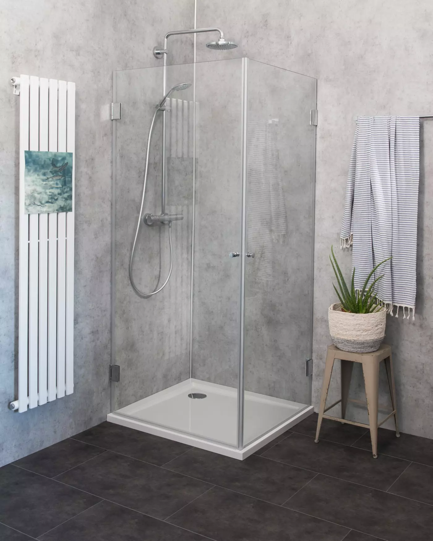 Eckdusche 100x80 mit 2 Türen an Wand & Duschwanne