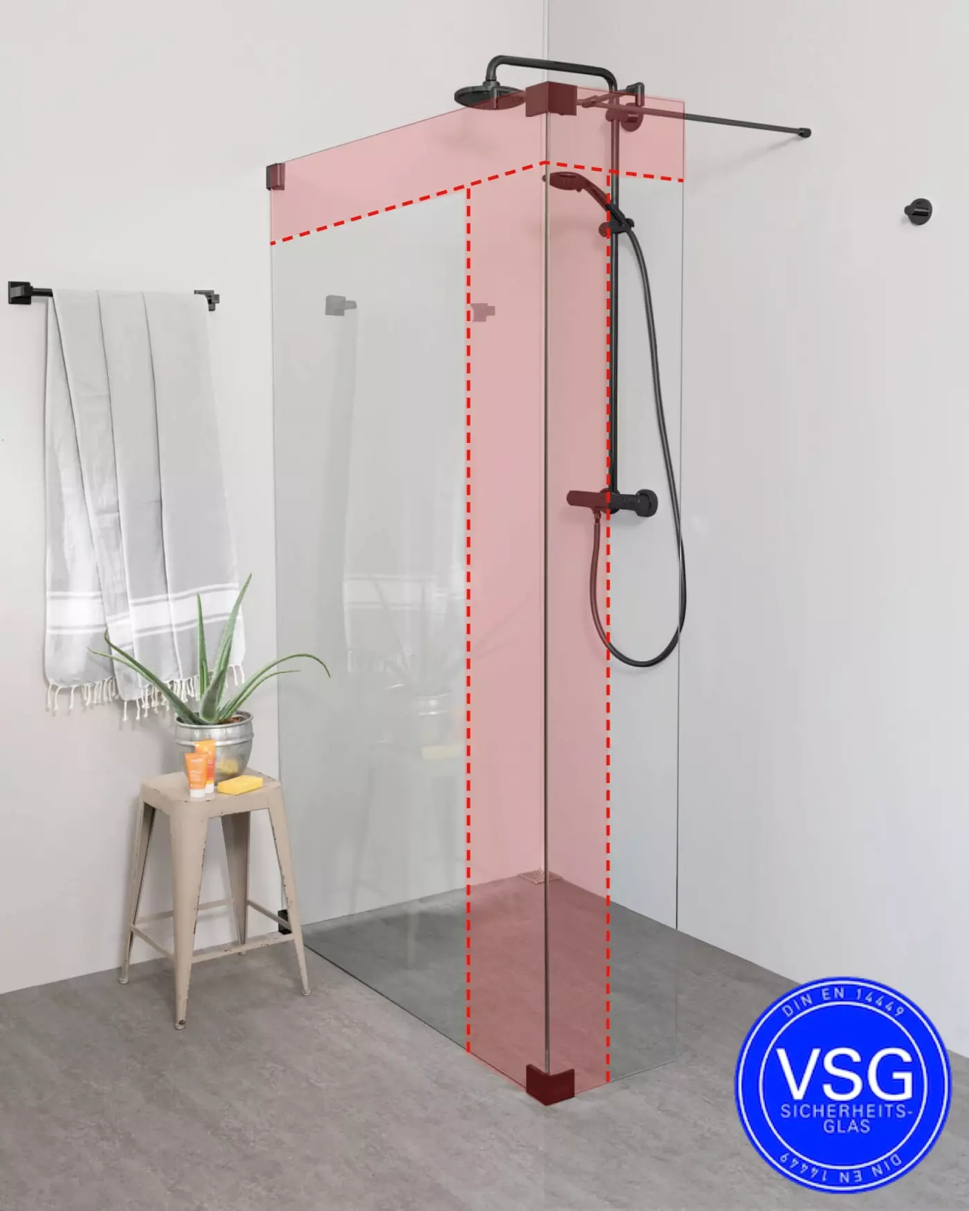 Begehbare Dusche VSG: Walk In Duschwand über Eck, Maßanfertigung