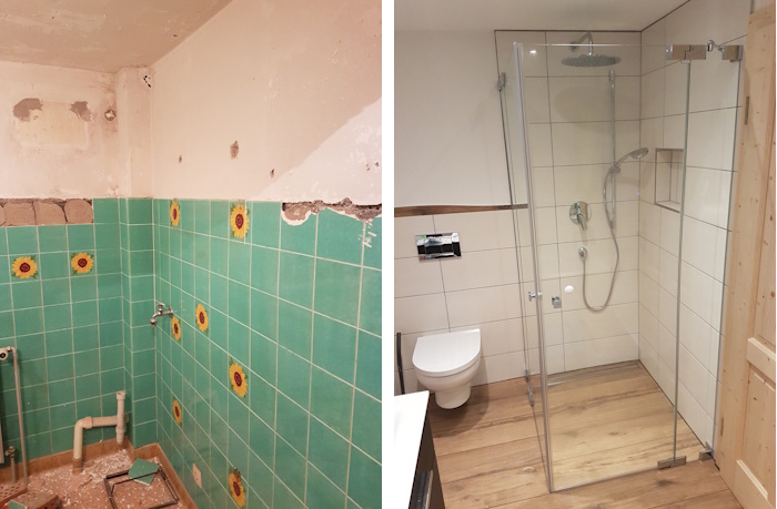 baustellenbad, baustellenrenovierung, fliesen, dreck, raumteiler, bausaustattung, fliesen grün, bad renovierung, boden fliesen, dusche schrank