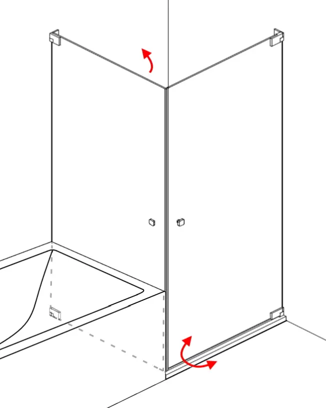Eck Duschkabine neben Badewanne, 2 Pendeltüren an Wand
