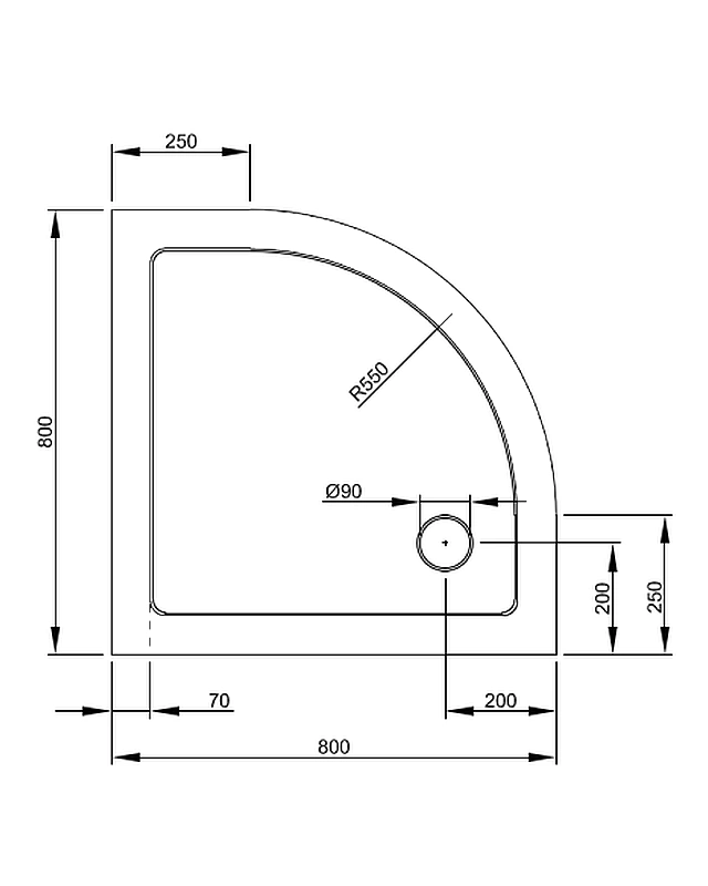 Antirutsch Duschwanne 80x80cm Viertelkreis flach auch bodengleich