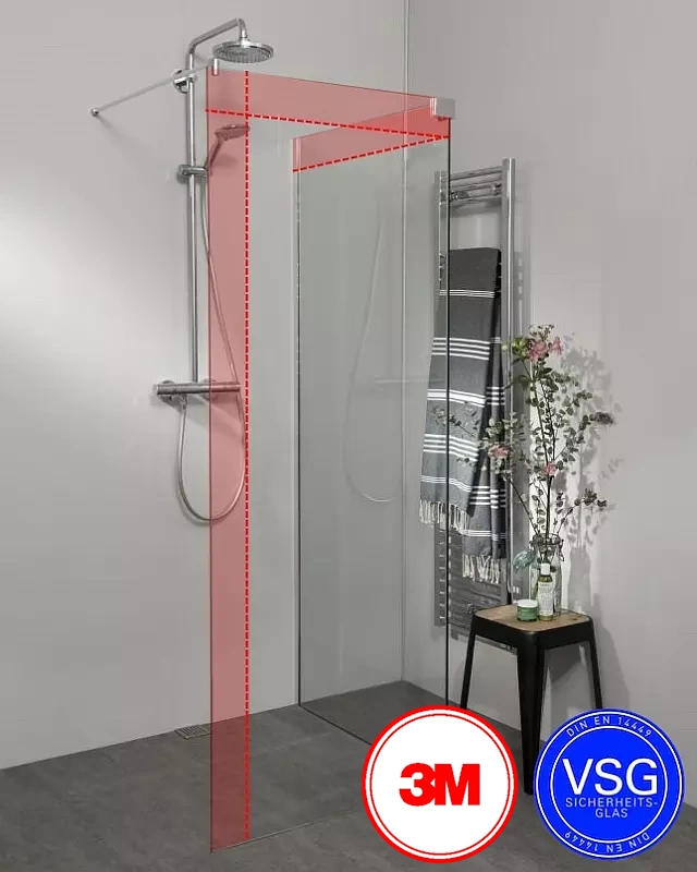 VSG Duschwand zum Kleben über Eck, Maßanfertigung