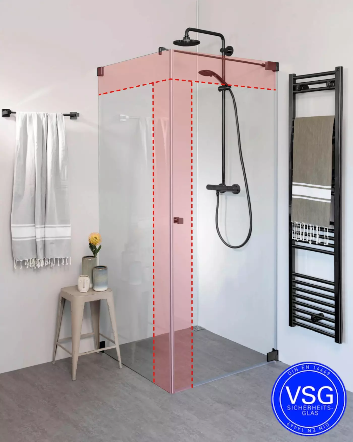 VSG Eckdusche mit Pendeltür an Wand & Seitenwand nach Maß