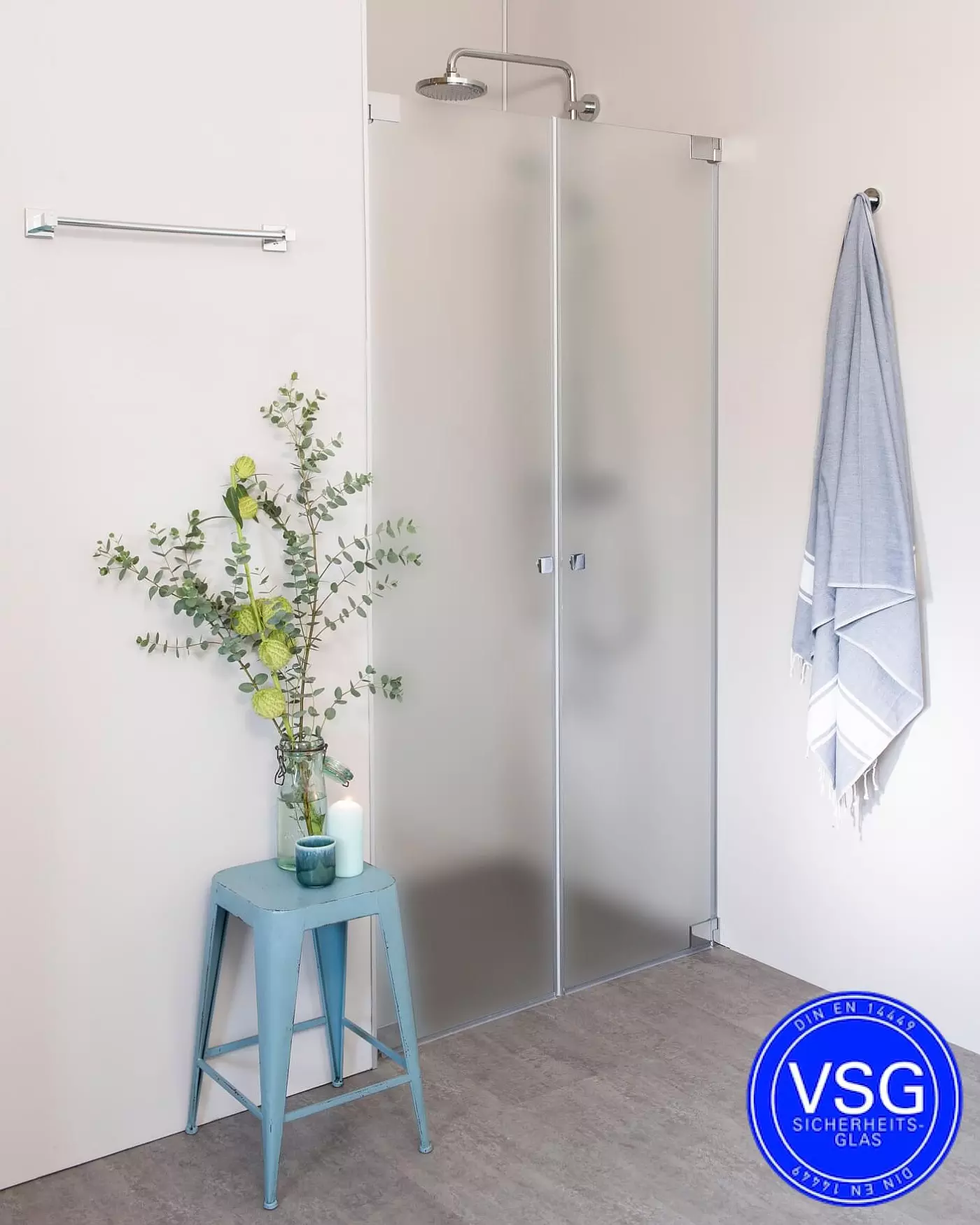 VSG Nischendusche mit Pendeltür an Wand & Zusatz Festteil nach Maß