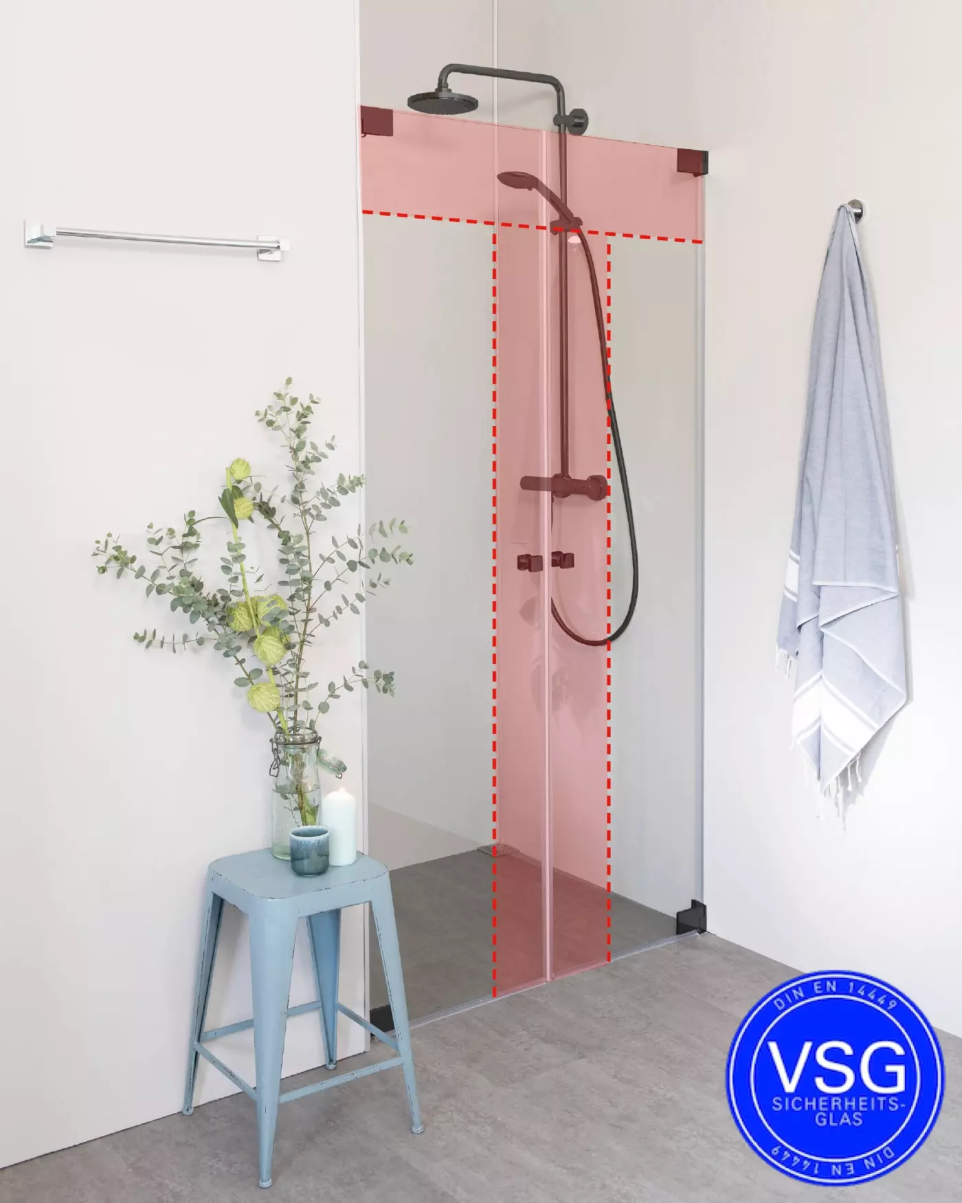 VSG Nischendusche mit Doppelpendeltür an Wand nach Maß