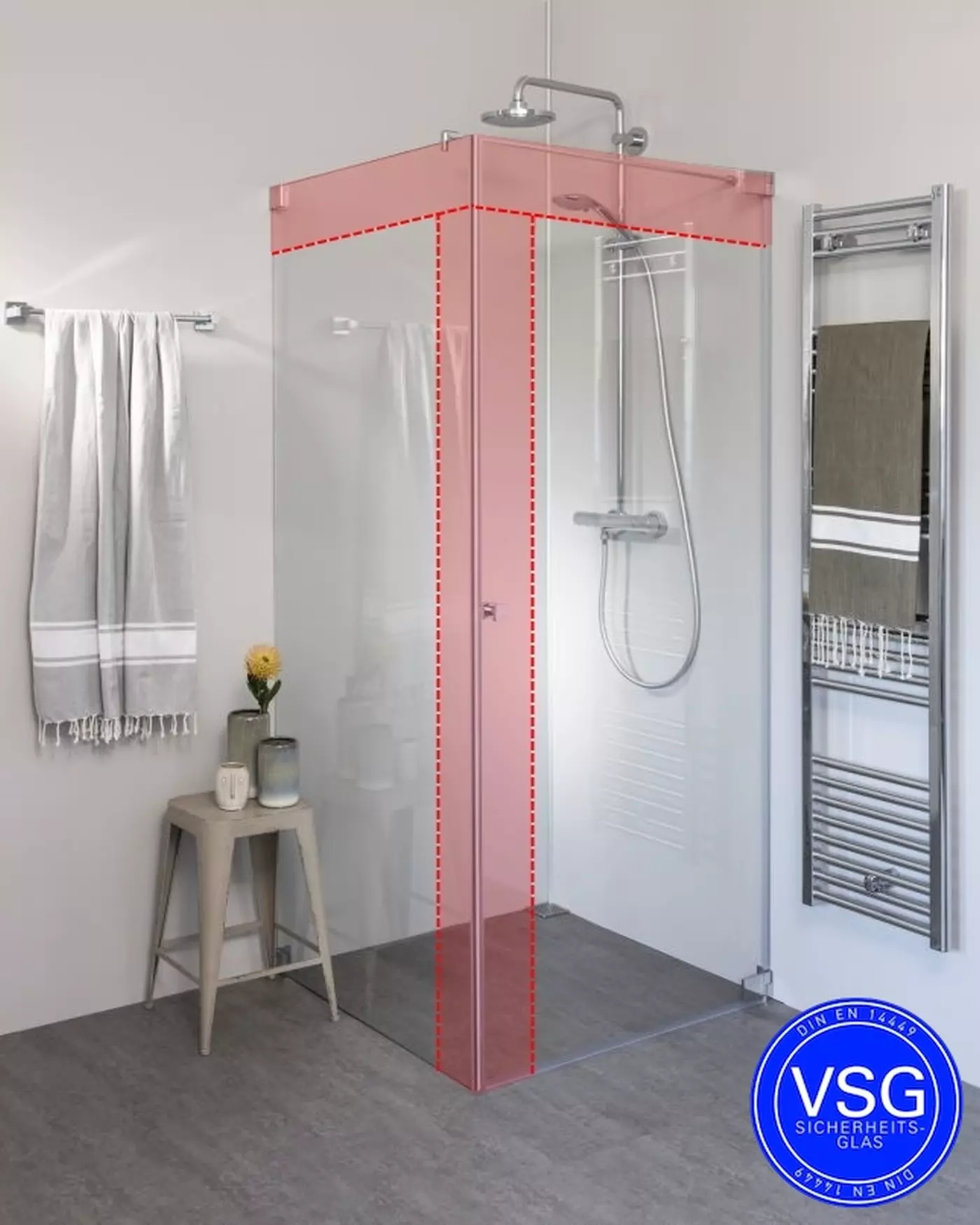 VSG Eckdusche mit Pendeltür an Wand & Seitenwand nach Maß