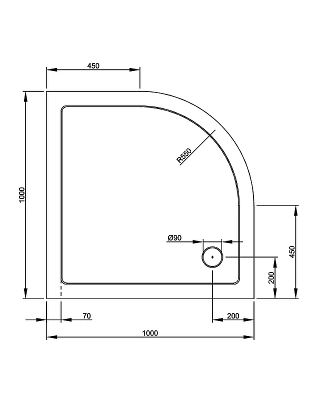 Viertelkreis Duschwanne 100x100cm flach auch bodengleich