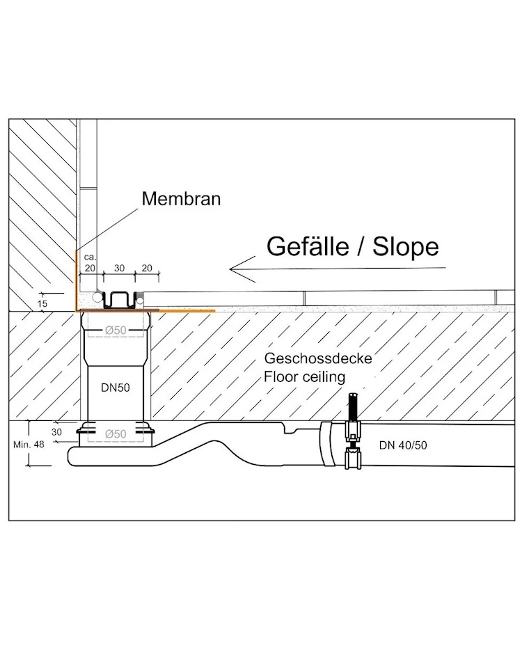 Duschrinne nach Maß Länge 40-160 cm, Doppelablauf seitlich, Edelstahl matt gebürstet