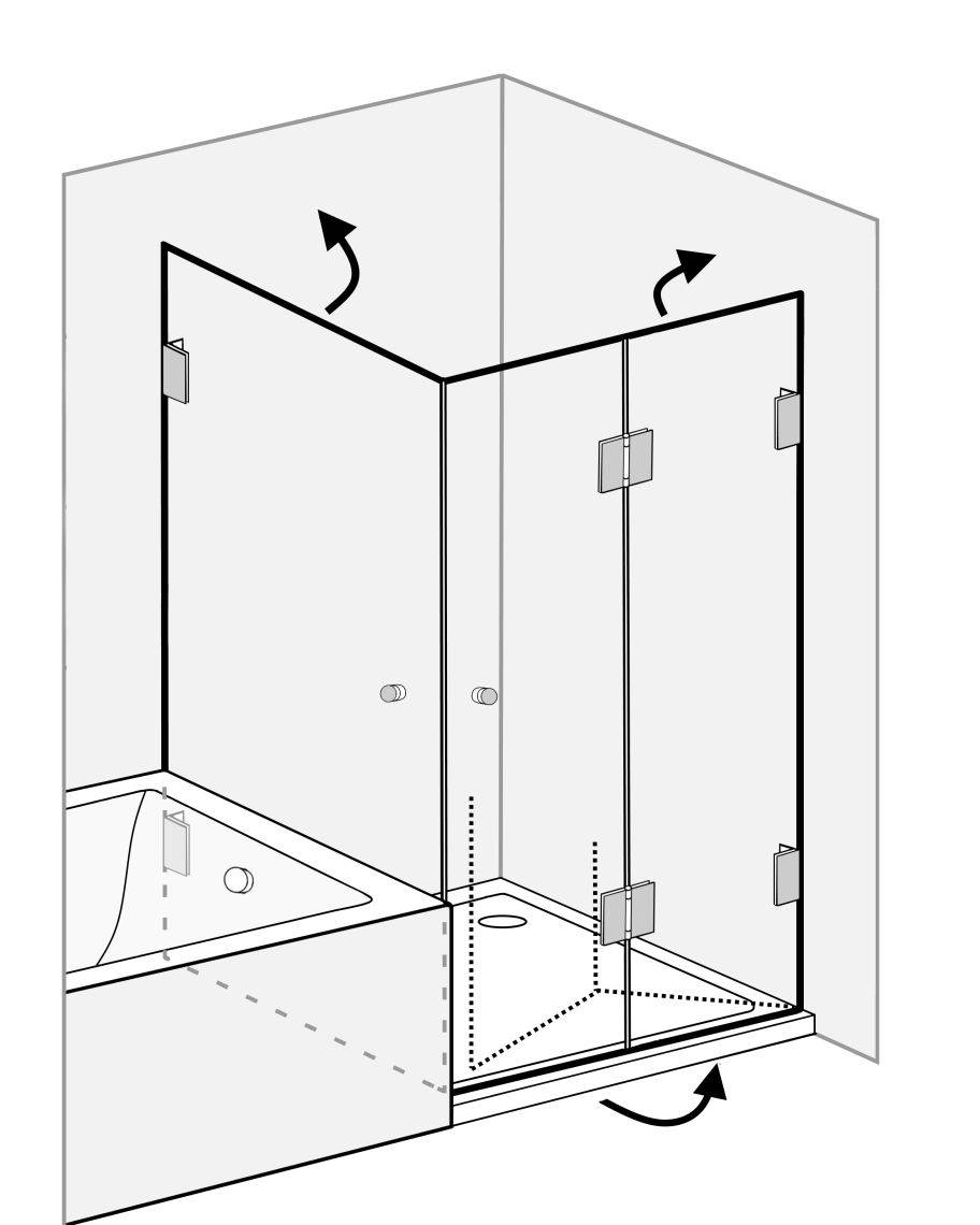 Dusche mit Falttür neben Badewanne