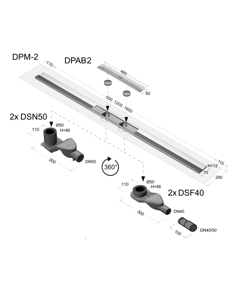 Duschprofil Duschrinne nach Maß Länge 60-120 cm, Doppelablauf, Edelstahl gebürstet