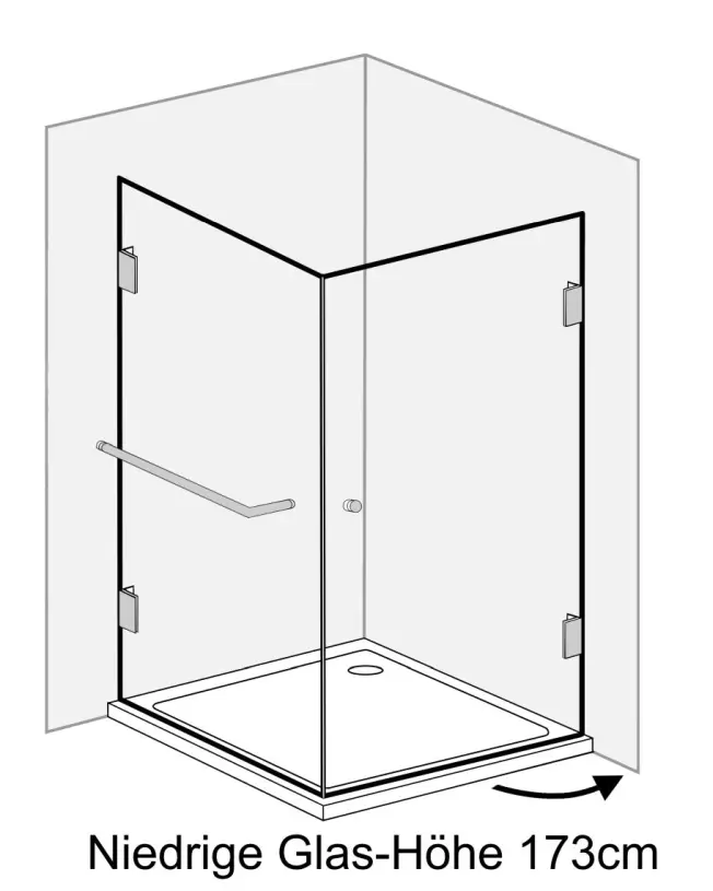 Eckdusche 100x80 mit Festwand  H=173cm & Duschwanne