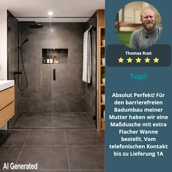 dusche, baustein, ebenerdige fliesen, große dusche, bodenplatte schieferoptik, Duschbereich, Bodengleiche Dusche, Dunkle Fliesen, Nische/Regal, Glasdusche
