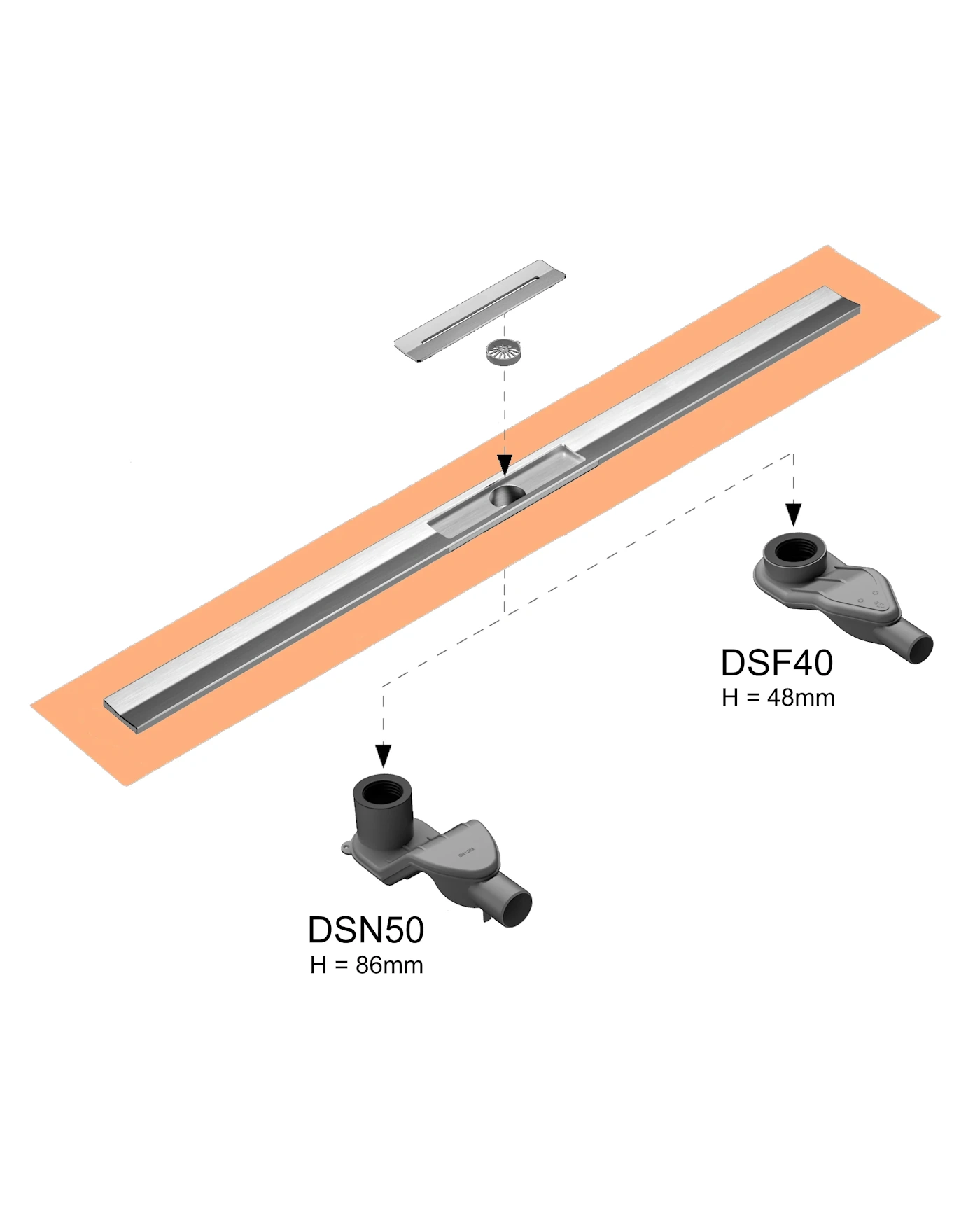 Duschprofil Duschrinne flach, drehbarer Mittenablauf, Länge 100 cm
