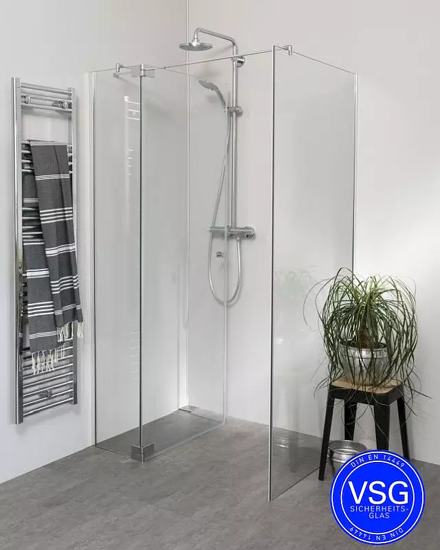 Teilgerahmte VSG Eckdusche mit Pendeltür und Seitenwand nach Maß