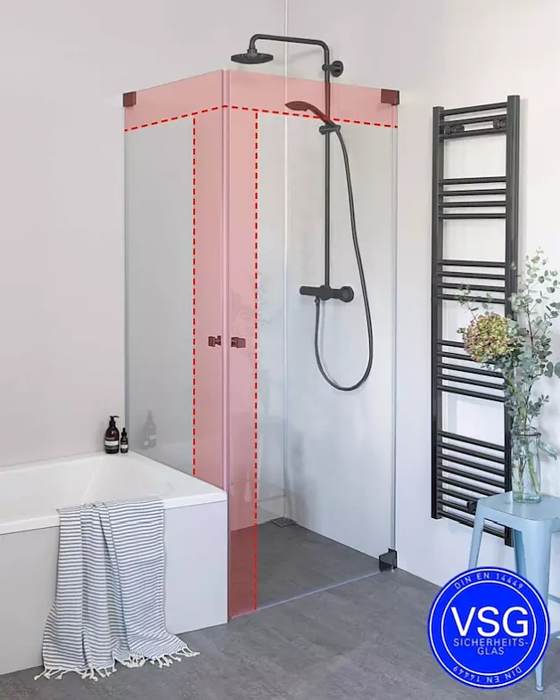 VSG Eck Duschkabine neben Badewanne mit 2 Pendeltüren an Wand nach Maß