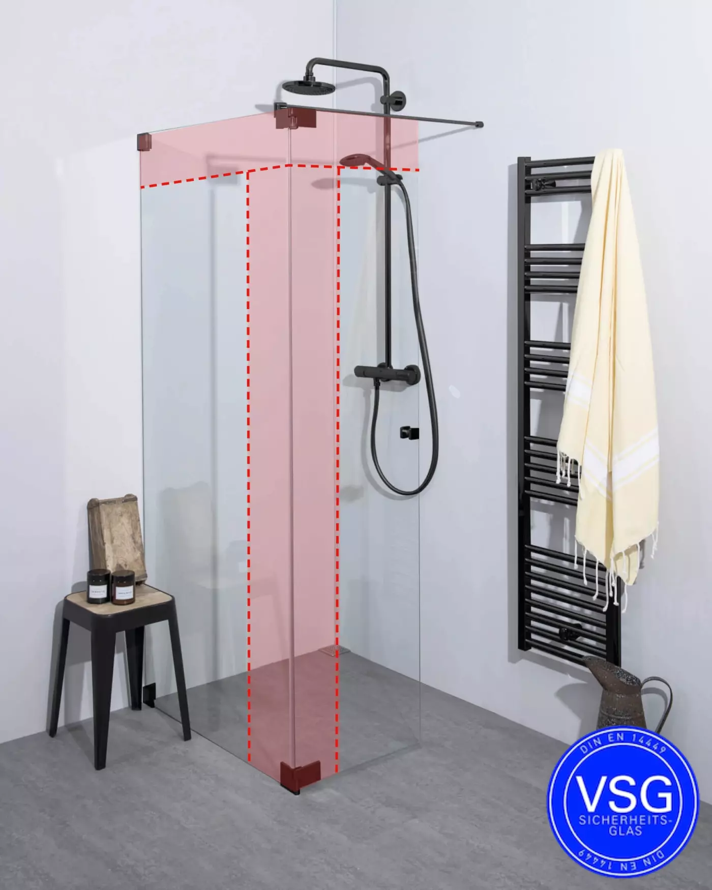 VSG Walk In Dusche: Festwand mit Klappteil über Eck, Maßanfertigung