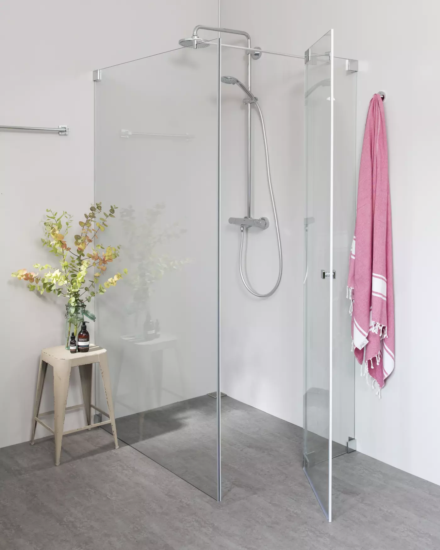 Eckdusche 120x75 Pendeltür und Festwand groß & Duschwanne