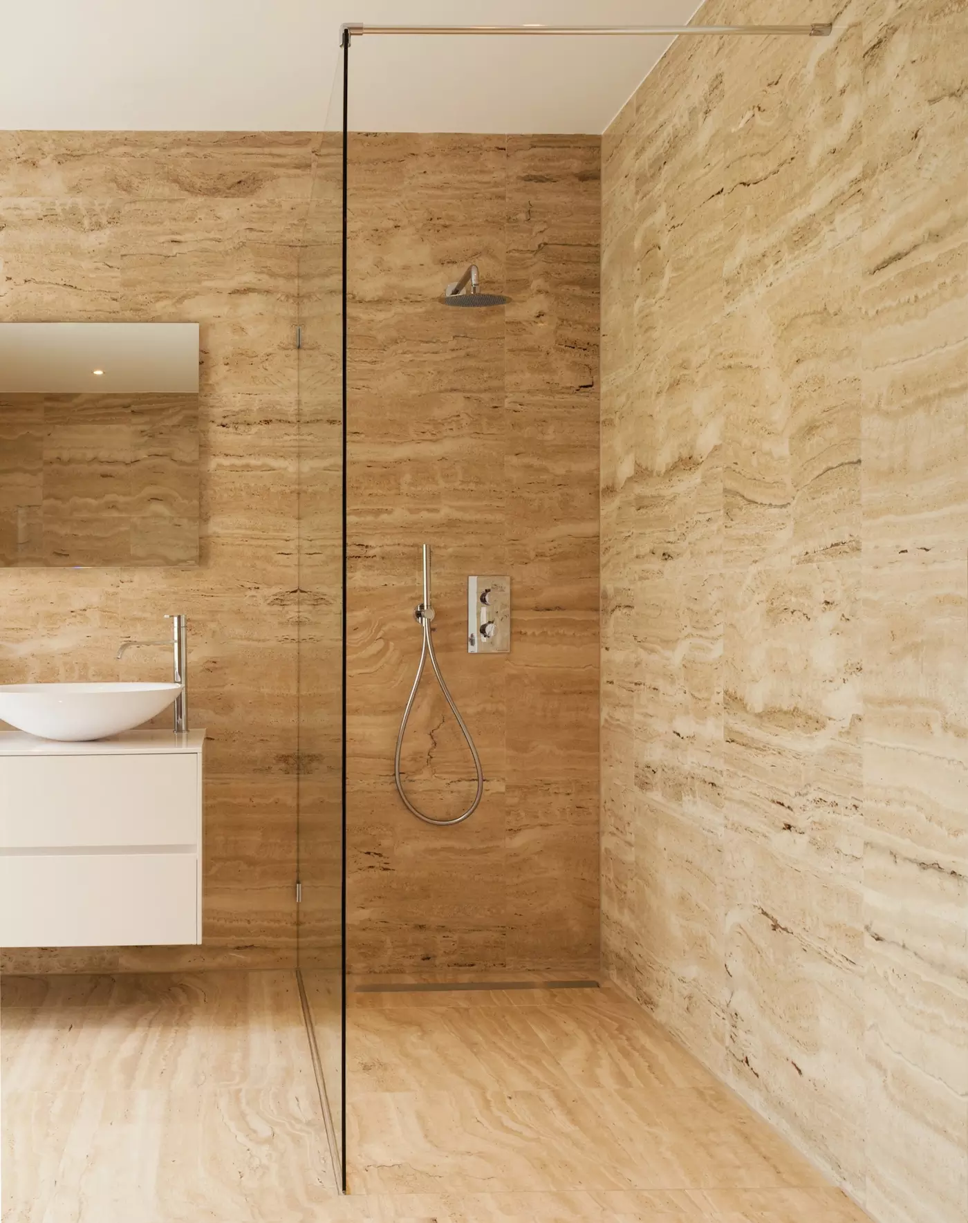 dusche, glasabtrennung, regendusch, handbrause, steinwände