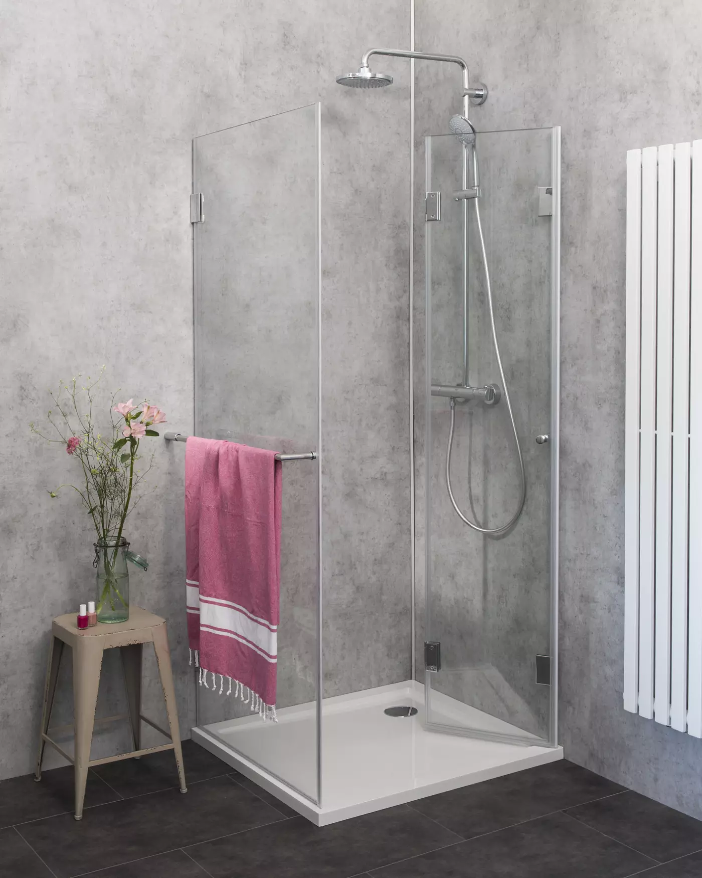 Eckdusche Falttür mit Festwand 80x80 & Duschwanne