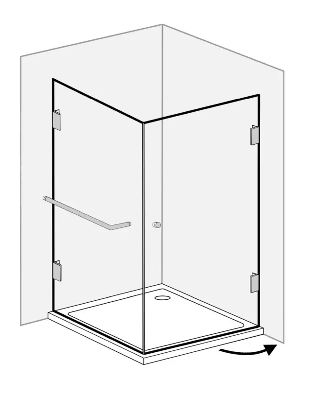 Eckdusche 100x100 mit Festwand, Tür an Wand & Duschwanne