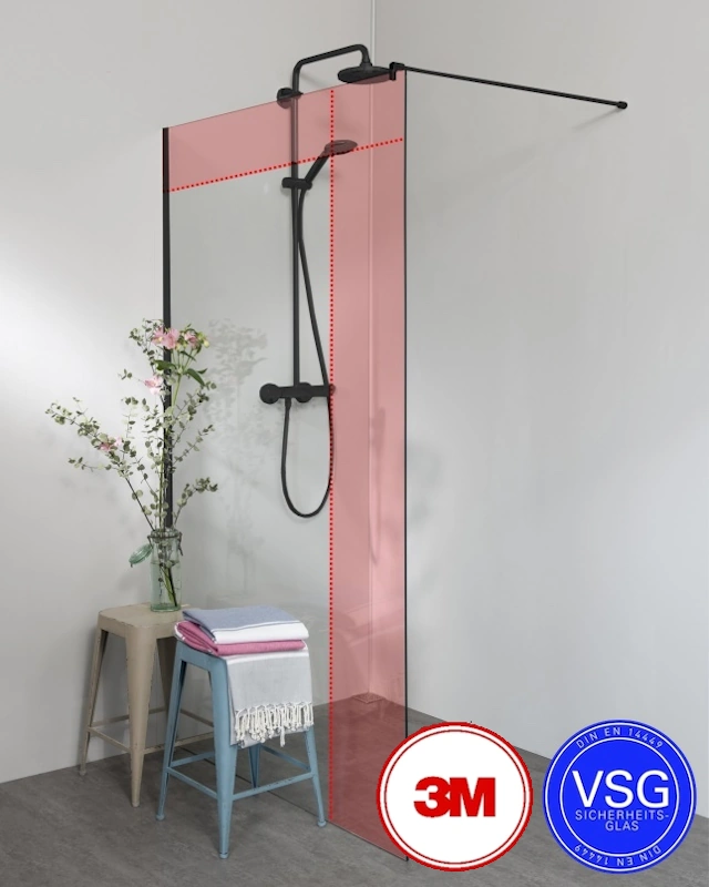 VSG Duschwand zum Kleben mit Klemmprofil Maßanfertigung bis 230 cm Höhe