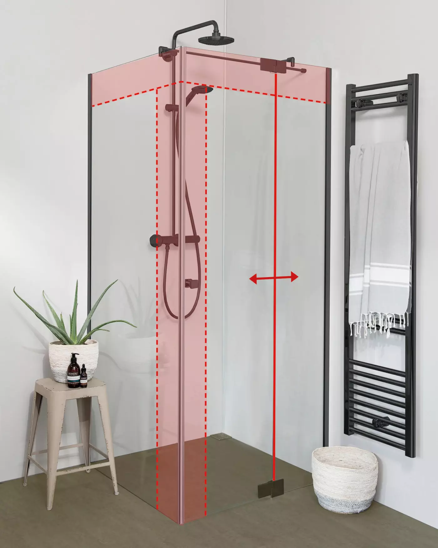 Teilgerahmte Eckdusche mit Pendeltür und Seitenwand nach Maß