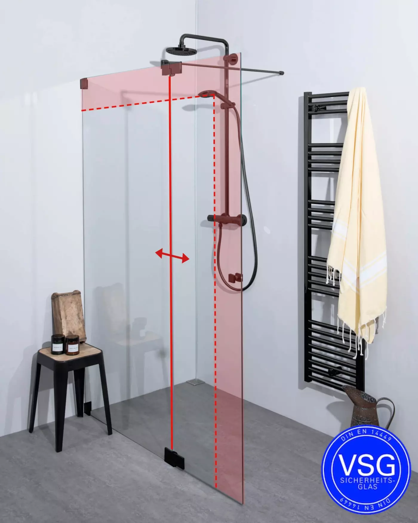 VSG Walk-In Dusche: Festwand mit Klappteil, Maßanfertigung