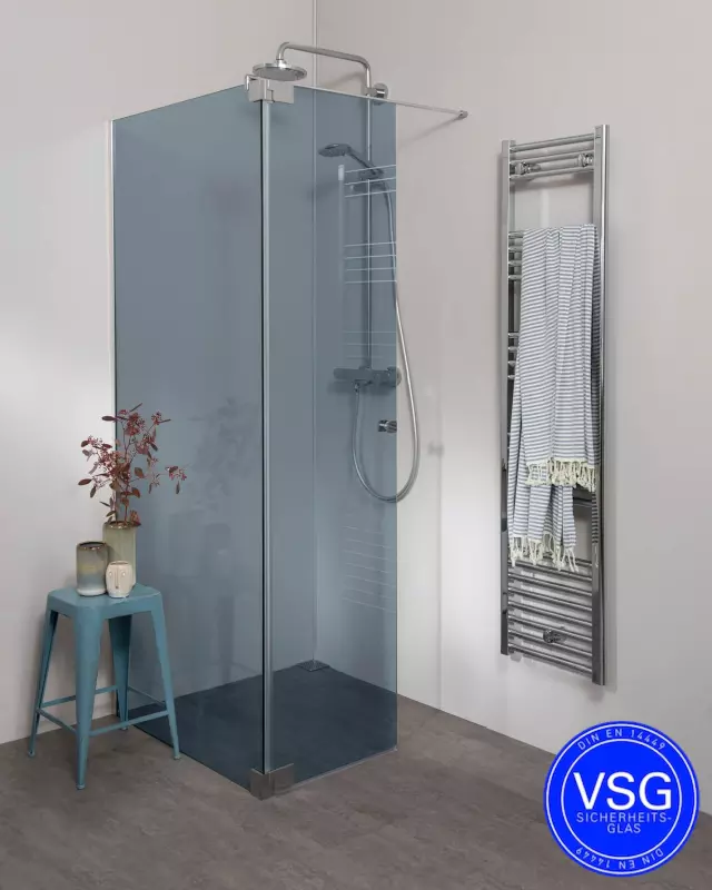 Begehbare Dusche VSG: Duschwand mit Wandprofil & Klappteil über Eck nach Maß