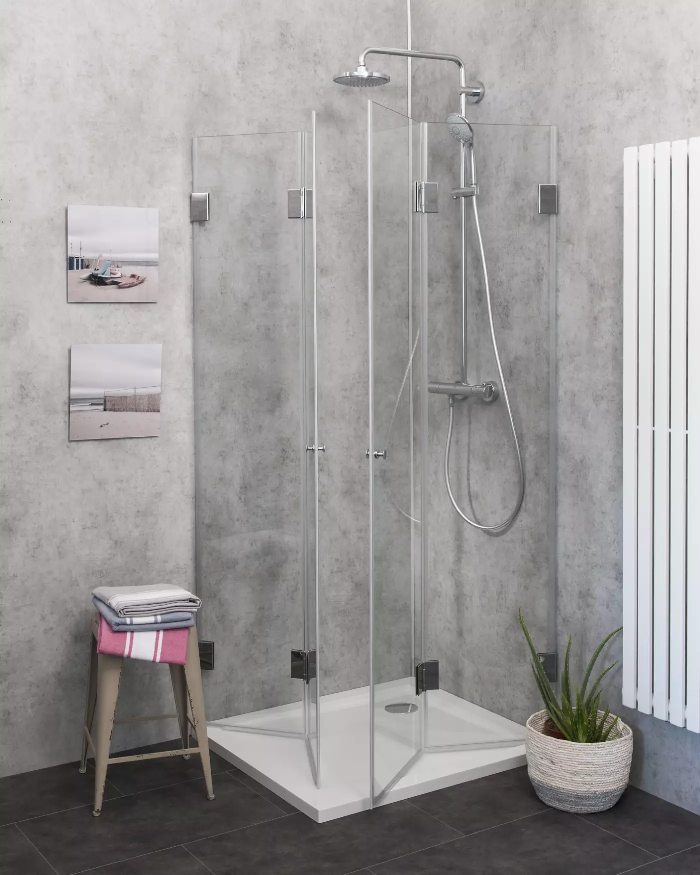 Eckdusche 90x90 mit 2 Falttüren Höhe 173cm & Duschwanne
