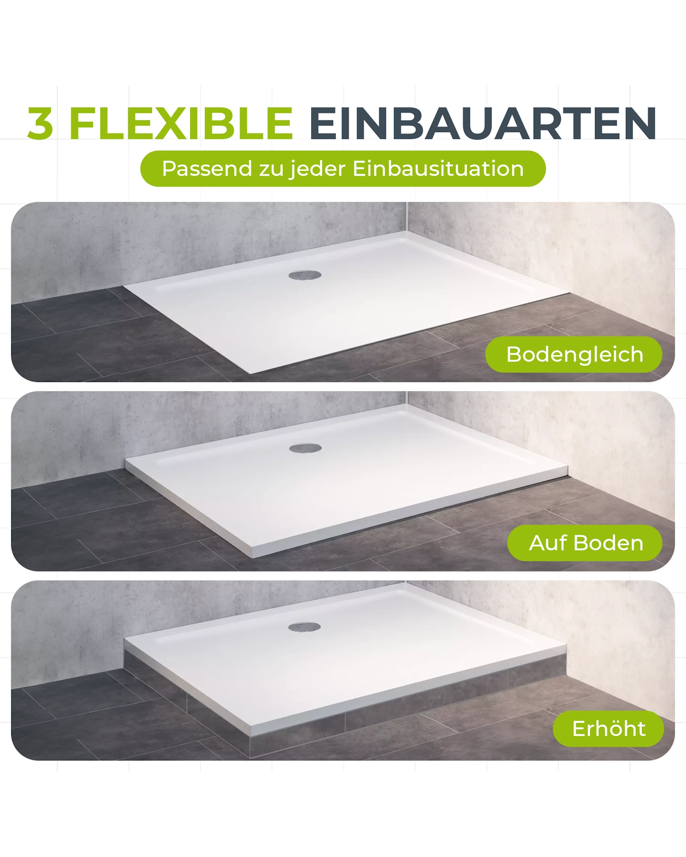 Duschwanne, Bodengleich, Auf Boden, Erhöht, Bodengleichheit