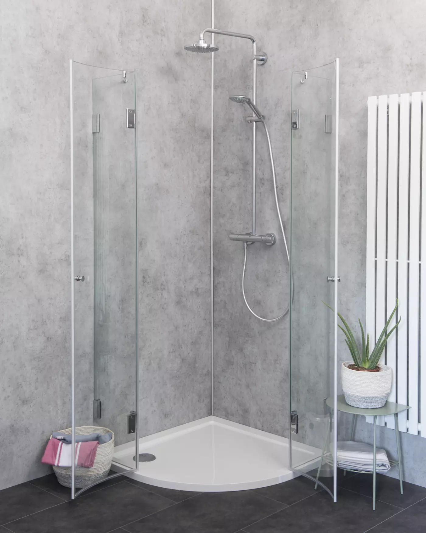 Viertelkreis-Dusche 80x80 mit 2 Türen & Duschwanne