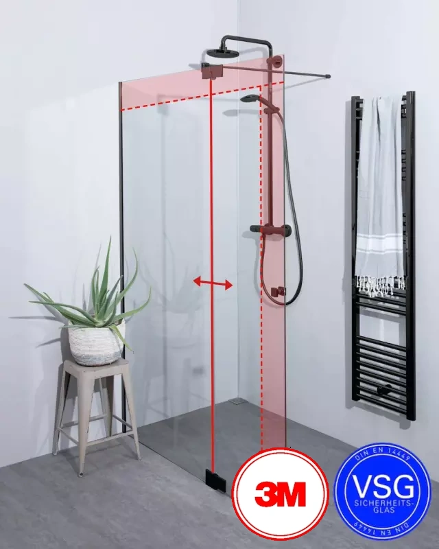 VSG Walk In Dusche zum Kleben mit Klappteil und Wandprofil, Maßanfertigung