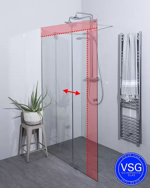 VSG Walk In Dusche: Festwand mit Klappteil und Wandprofil, Maßanfertigung