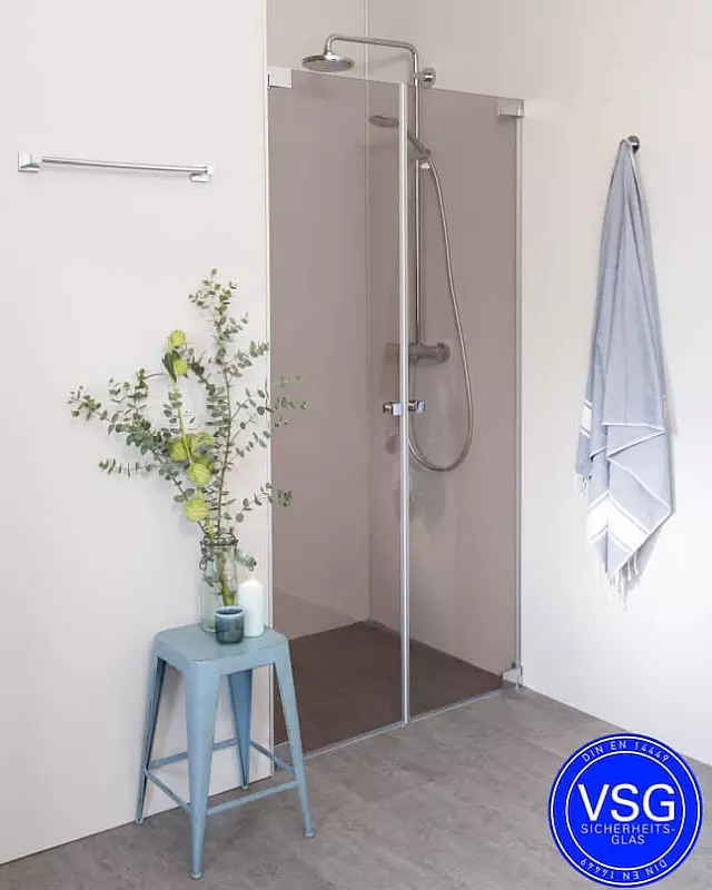 VSG Nischendusche mit Pendeltür an Wand & Zusatz Festteil nach Maß