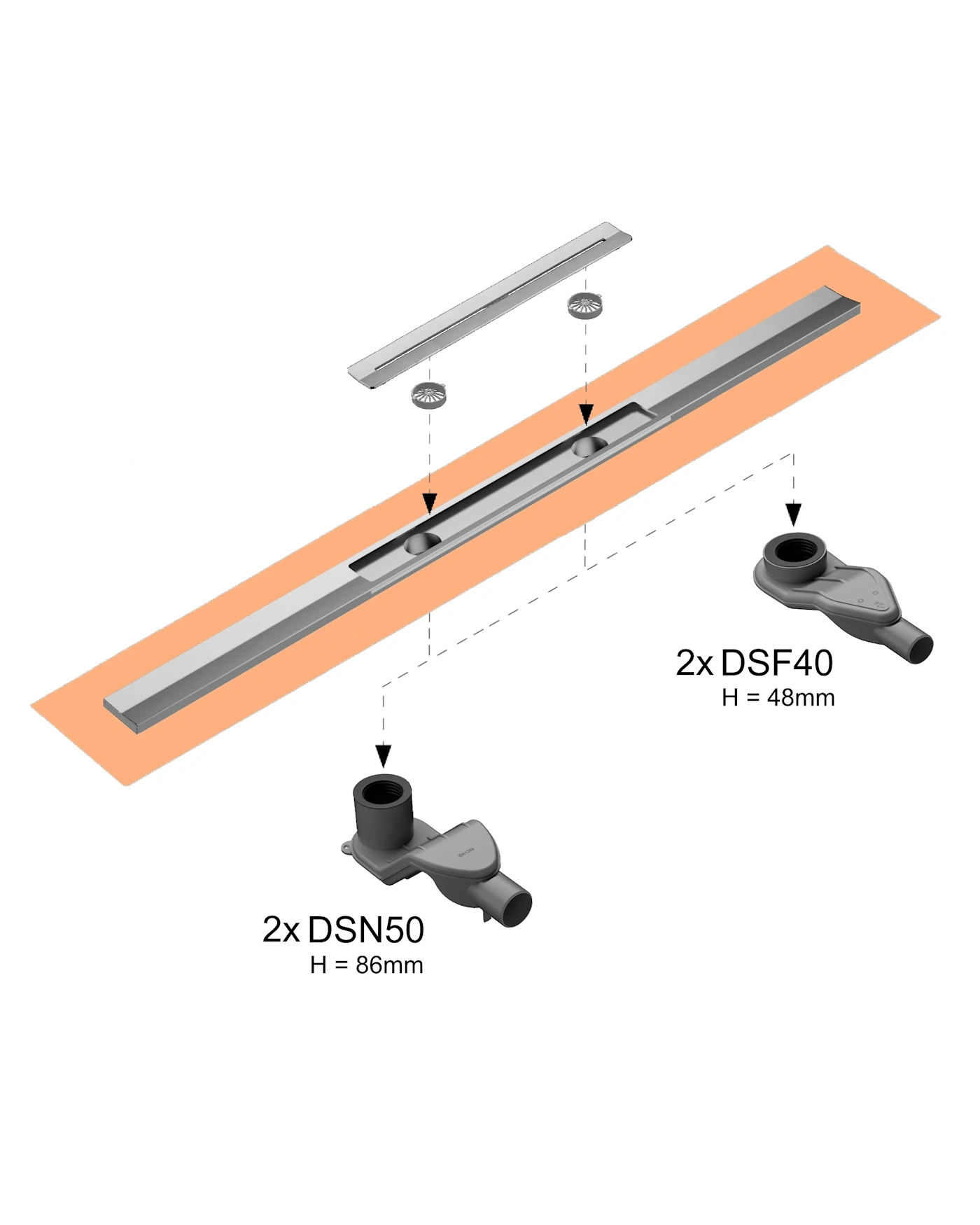 Duschprofil-Duschrinne flach, drehbarer Doppel-Ablauf mittig, Länge 120 cm (kürzbar)