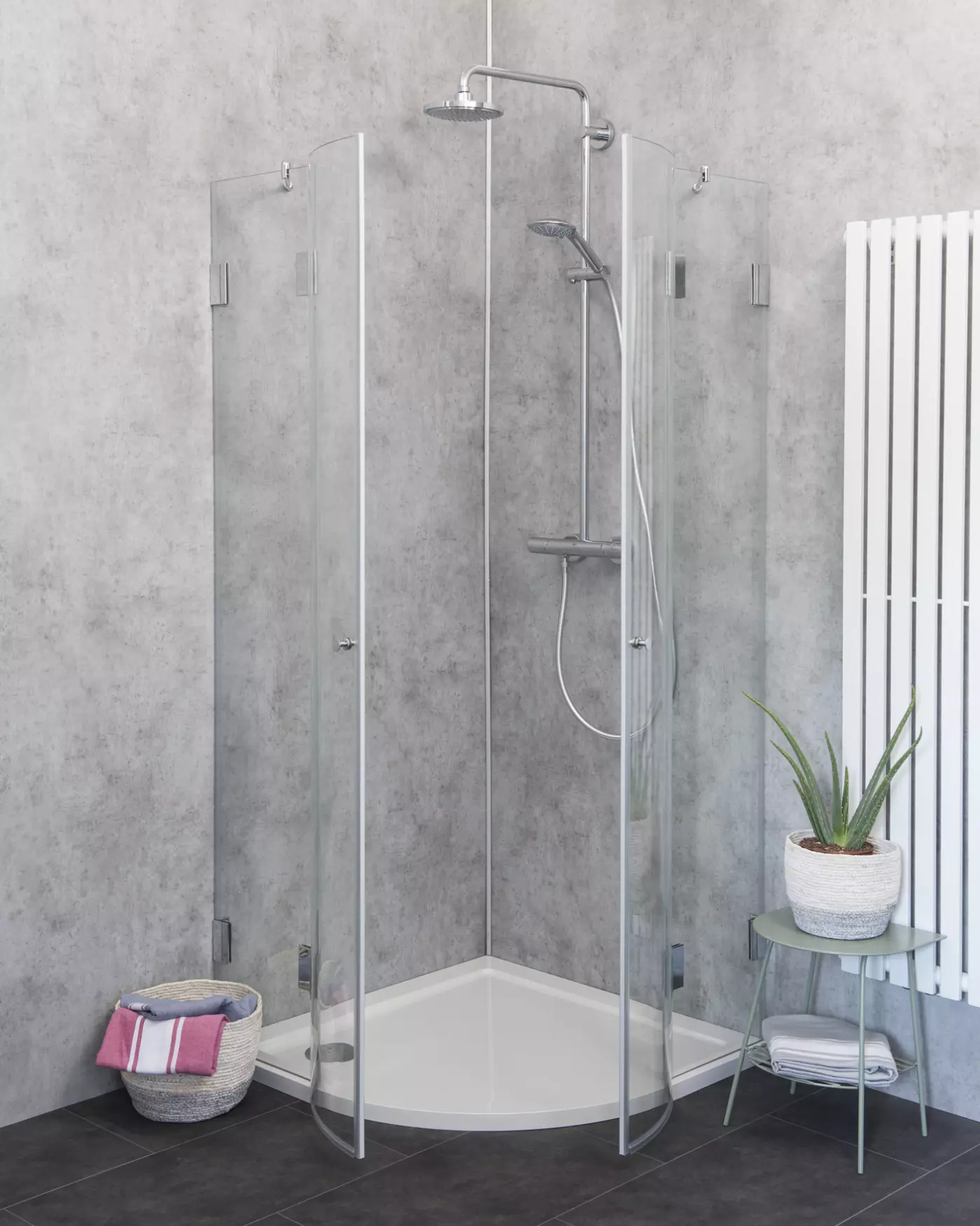 Viertelkreis-Dusche 80x80 mit 2 Türen & Duschwanne